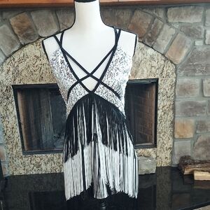 Elegant Sequined Black and White Fringe Skater/Dance Performance Dress